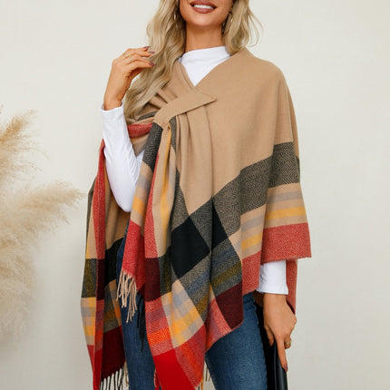 Fringe Contrast Plaid Poncho