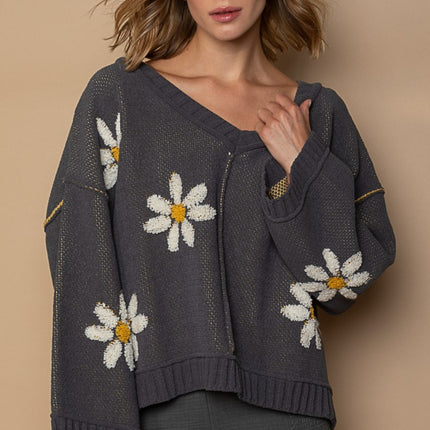 POL V-Neck Floral Pattern Chenille Sweater