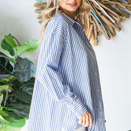 First Love Striped Button Down High-Low Hem Shirt