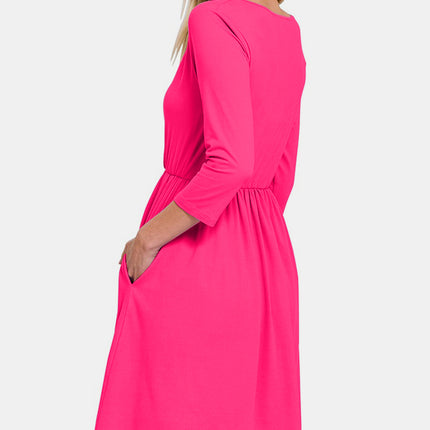 Zenana Three-Quarter Sleeve Surplice Dress with Pockets