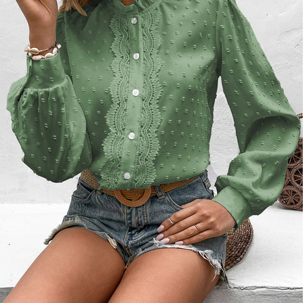 Double Take Swiss Dot Lace Trim Long Sleeve Shirt