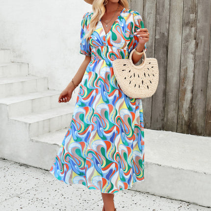 Elegant printed waist V-neck long dress