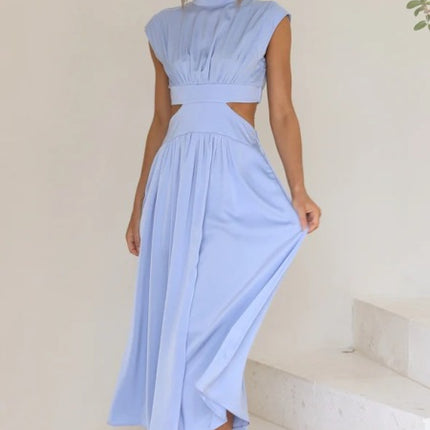 Stand Collar Macaron Open Waist Pleated Long Dress