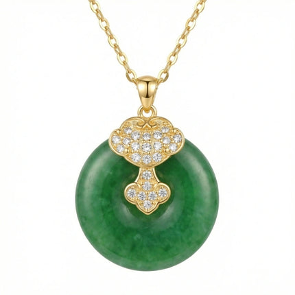 925 Sterling Silver Elegant Green Jade Pi Disc Pendant Necklace with Ornate Sparkling Ruyi Motif - JewelryODM