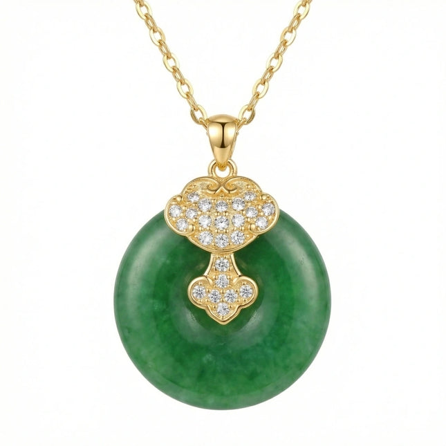 925 Sterling Silver Elegant Green Jade Pi Disc Pendant Necklace with Ornate Sparkling Ruyi Motif - JewelryODM