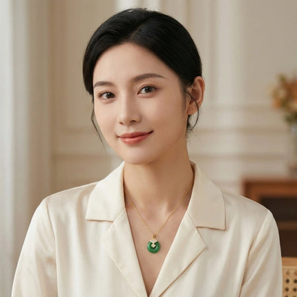 925 Sterling Silver Elegant Green Jade Pi Disc Pendant Necklace with Ornate Sparkling Ruyi Motif - JewelryODM