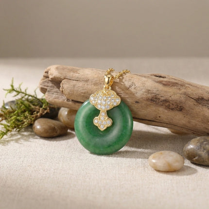 925 Sterling Silver Elegant Green Jade Pi Disc Pendant Necklace with Ornate Sparkling Ruyi Motif - JewelryODM