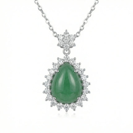 925 Sterling Silver Elegant Green Jade Teardrop Pendant Necklace with Sparkling Diamond Halo - JewelryODM