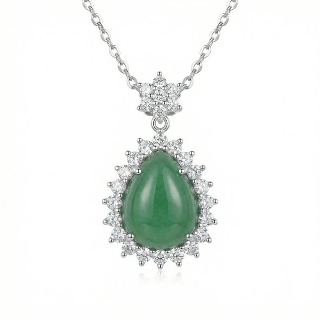 925 Sterling Silver Elegant Green Jade Teardrop Pendant Necklace with Sparkling Diamond Halo - JewelryODM
