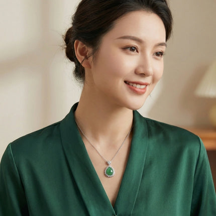 925 Sterling Silver Elegant Green Jade Teardrop Pendant Necklace with Sparkling Diamond Halo - JewelryODM