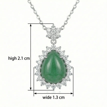 925 Sterling Silver Elegant Green Jade Teardrop Pendant Necklace with Sparkling Diamond Halo - JewelryODM