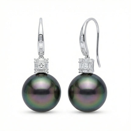 925 Sterling Silver Exquisite Tahitian Black Pearl Drop Earrings with Baguette and Round Diamonds - JewelryODM