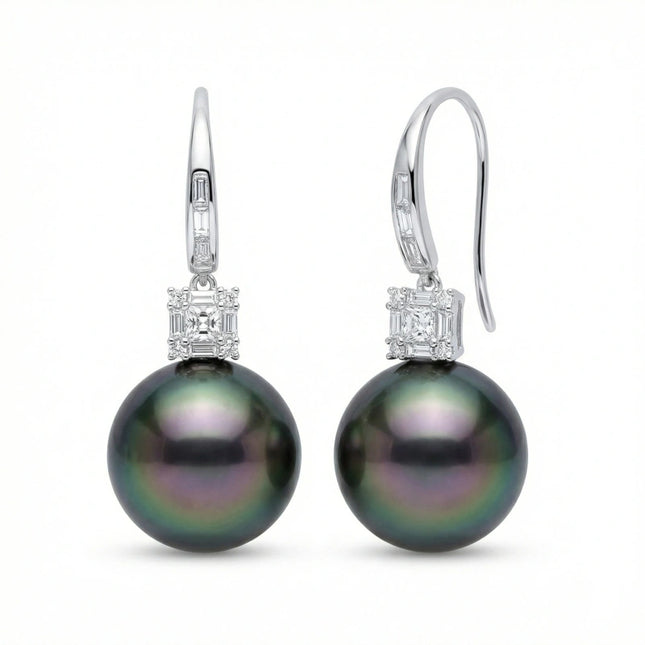 925 Sterling Silver Exquisite Tahitian Black Pearl Drop Earrings with Baguette and Round Diamonds - JewelryODM