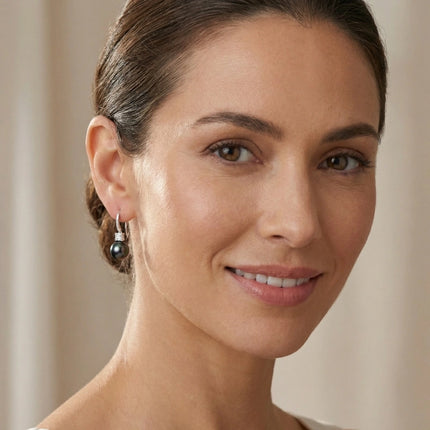 925 Sterling Silver Exquisite Tahitian Black Pearl Drop Earrings with Baguette and Round Diamonds - JewelryODM