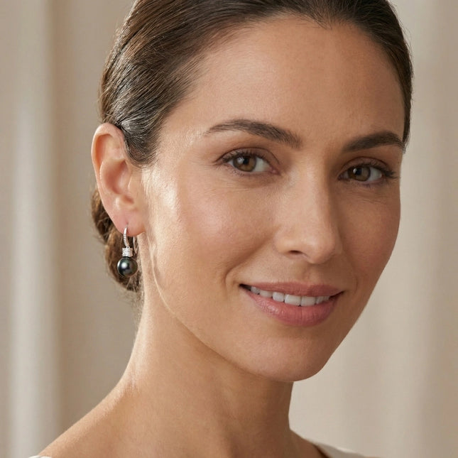 925 Sterling Silver Exquisite Tahitian Black Pearl Drop Earrings with Baguette and Round Diamonds - JewelryODM