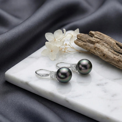 925 Sterling Silver Exquisite Tahitian Black Pearl Drop Earrings with Baguette and Round Diamonds - JewelryODM