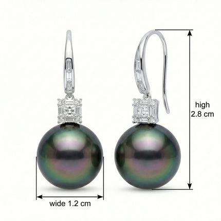 925 Sterling Silver Exquisite Tahitian Black Pearl Drop Earrings with Baguette and Round Diamonds - JewelryODM