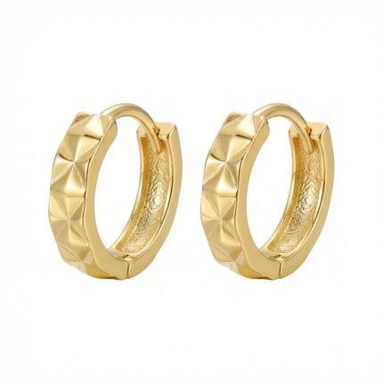 925 Sterling Silver Elegant Textured Geometric Huggie Hoop Earrings with Faceted Pyramid Design - JewelryODM
