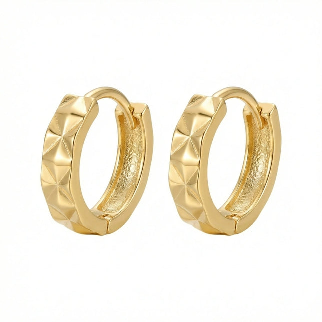 925 Sterling Silver Elegant Textured Geometric Huggie Hoop Earrings with Faceted Pyramid Design - JewelryODM
