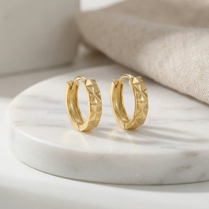 925 Sterling Silver Elegant Textured Geometric Huggie Hoop Earrings with Faceted Pyramid Design - JewelryODM