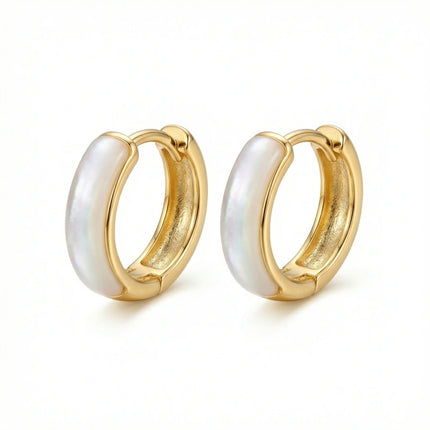 925 Sterling Silver Elegant Mother of Pearl Shell Inlay Huggie Earrings with Polished Metallic Finish - JewelryODM