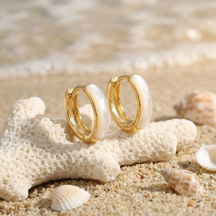 925 Sterling Silver Elegant Mother of Pearl Shell Inlay Huggie Earrings with Polished Metallic Finish - JewelryODM