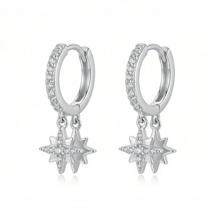 925 Sterling Silver Celestial Star Dangle Hoop Earrings in Sterling Silver with Sparkling Accents - JewelryODM