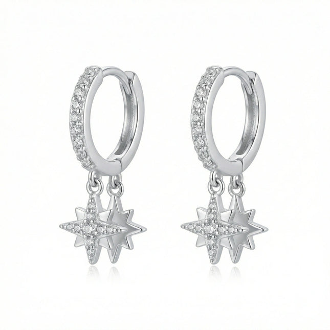 925 Sterling Silver Celestial Star Dangle Hoop Earrings in Sterling Silver with Sparkling Accents - JewelryODM