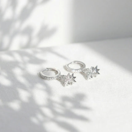 925 Sterling Silver Celestial Star Dangle Hoop Earrings in Sterling Silver with Sparkling Accents - JewelryODM
