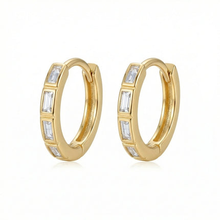 925 Sterling Silver Elegant Baguette Cut Clear Stone Inlay Huggie Hoop Earrings - JewelryODM