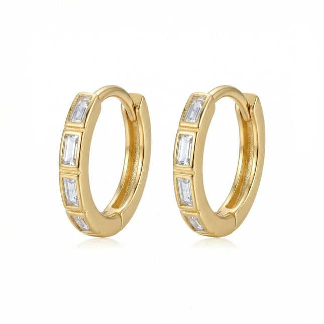 925 Sterling Silver Elegant Baguette Cut Clear Stone Inlay Huggie Hoop Earrings - JewelryODM