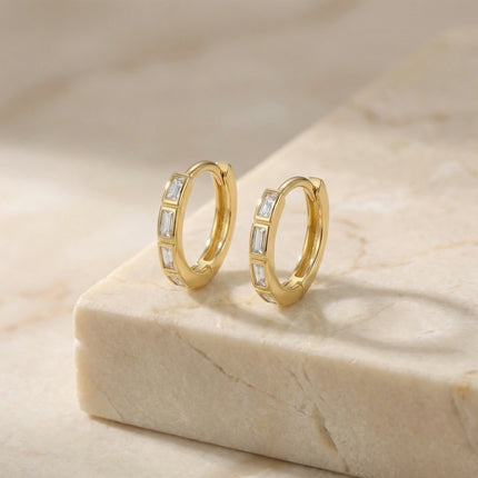 925 Sterling Silver Elegant Baguette Cut Clear Stone Inlay Huggie Hoop Earrings - JewelryODM