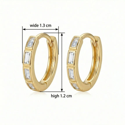 925 Sterling Silver Elegant Baguette Cut Clear Stone Inlay Huggie Hoop Earrings - JewelryODM