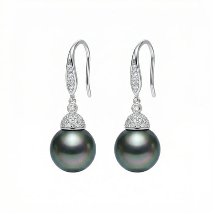 925 Sterling Silver Elegant Tahitian Black Pearl and Diamond Accented Drop Earrings - JewelryODM