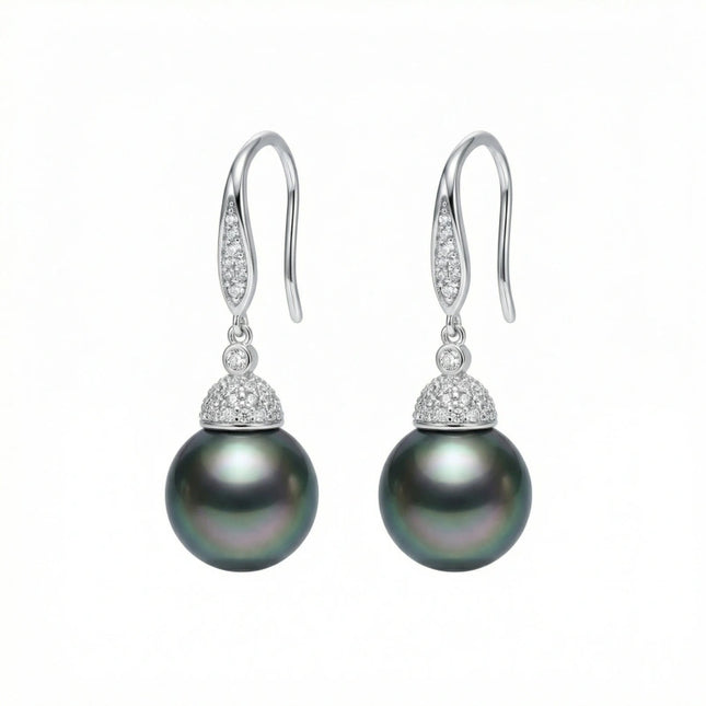 925 Sterling Silver Elegant Tahitian Black Pearl and Diamond Accented Drop Earrings - JewelryODM