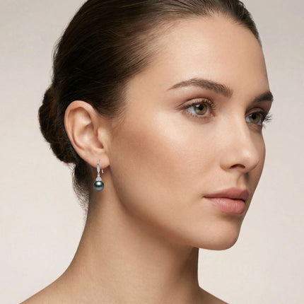 925 Sterling Silver Elegant Tahitian Black Pearl and Diamond Accented Drop Earrings - JewelryODM