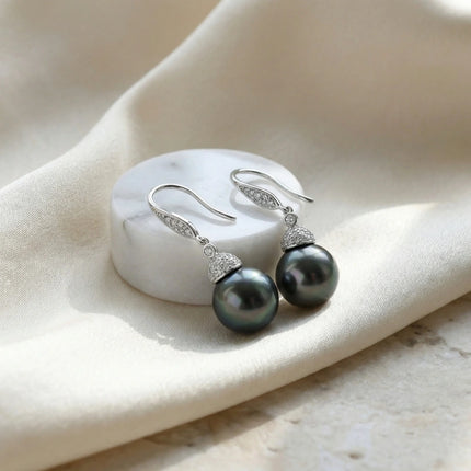925 Sterling Silver Elegant Tahitian Black Pearl and Diamond Accented Drop Earrings - JewelryODM