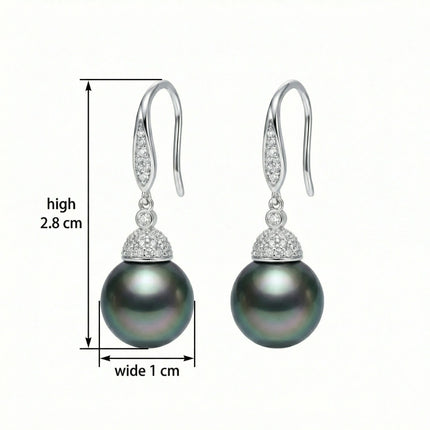 925 Sterling Silver Elegant Tahitian Black Pearl and Diamond Accented Drop Earrings - JewelryODM