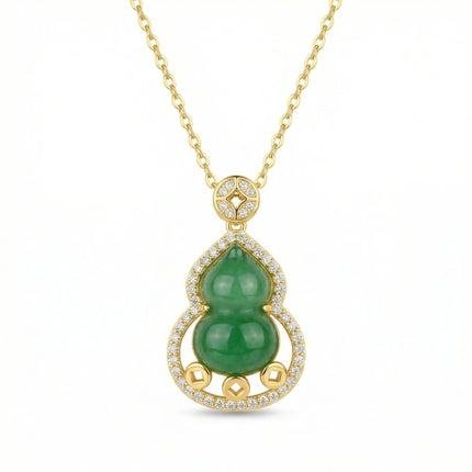 925 Sterling Silver Elegant Jadeite Gourd Pendant Necklace Adorned with Sparkling Accents and Floral Leaf Details - JewelryODM