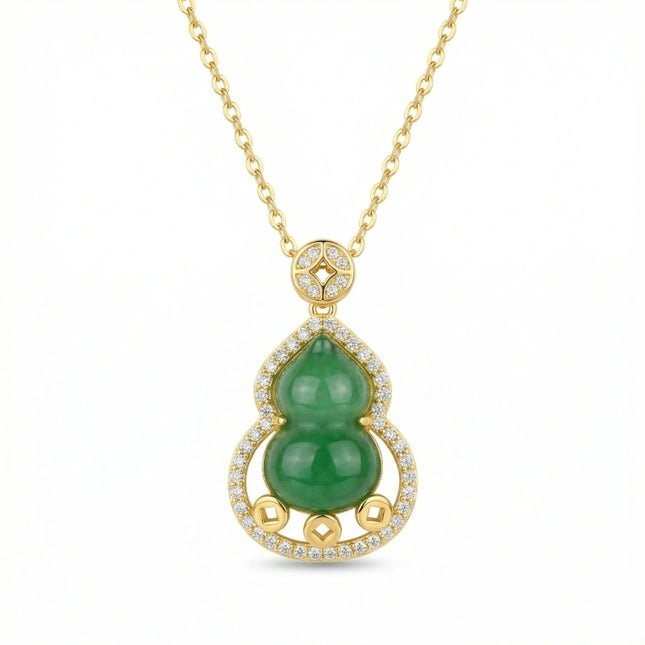 925 Sterling Silver Elegant Jadeite Gourd Pendant Necklace Adorned with Sparkling Accents and Floral Leaf Details - JewelryODM