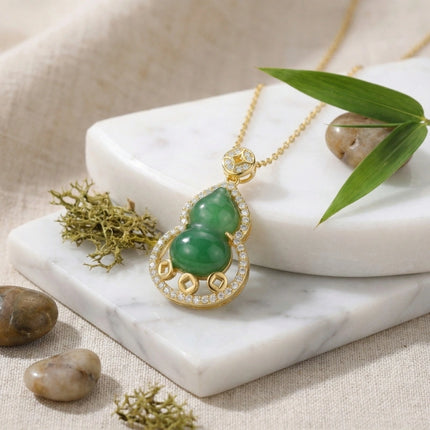 925 Sterling Silver Elegant Jadeite Gourd Pendant Necklace Adorned with Sparkling Accents and Floral Leaf Details - JewelryODM