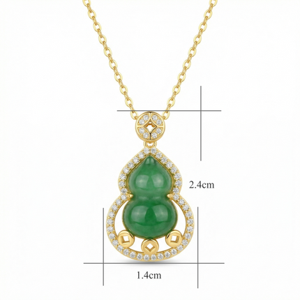 925 Sterling Silver Elegant Jadeite Gourd Pendant Necklace Adorned with Sparkling Accents and Floral Leaf Details - JewelryODM