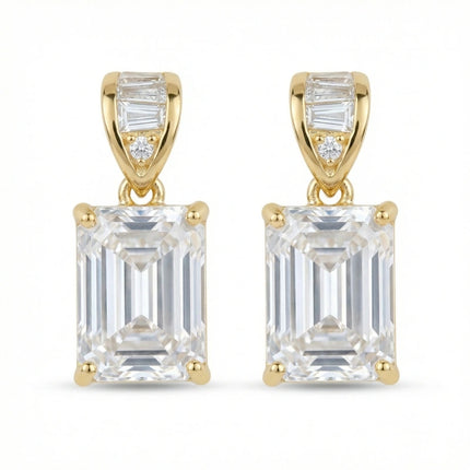 925 Sterling Silver Elegant Emerald-Cut Crystal Drop Earrings with Baguette Accents - JewelryODM