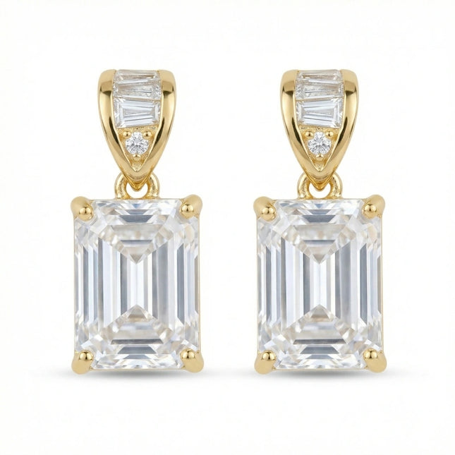 925 Sterling Silver Elegant Emerald-Cut Crystal Drop Earrings with Baguette Accents - JewelryODM