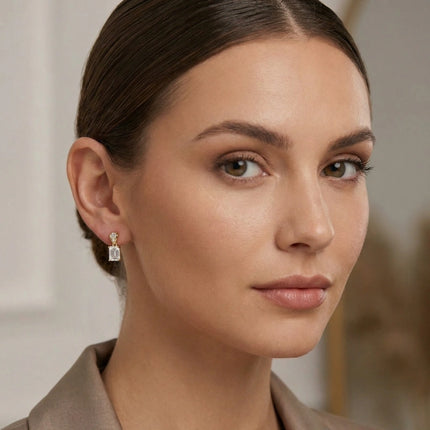 925 Sterling Silver Elegant Emerald-Cut Crystal Drop Earrings with Baguette Accents - JewelryODM