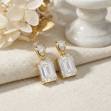925 Sterling Silver Elegant Emerald-Cut Crystal Drop Earrings with Baguette Accents - JewelryODM