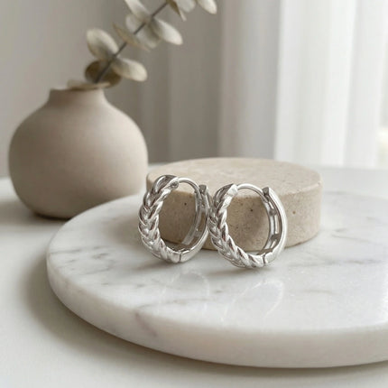 925 Sterling Silver Elegant Braided Sterling Silver Huggie Hoop Earrings for Women - JewelryODM
