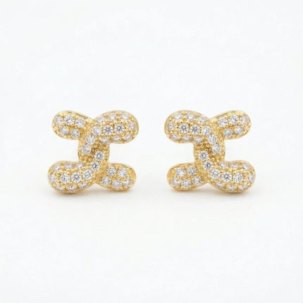 925 Sterling Silver Elegant Pavé-Set Abstract Link Stud Earrings Featuring Shimmering Brilliant Cut Stones - JewelryODM