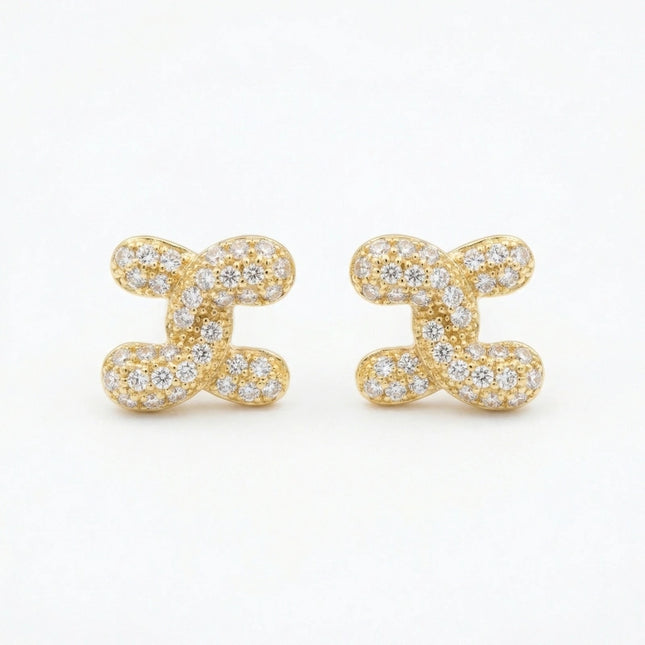 925 Sterling Silver Elegant Pavé-Set Abstract Link Stud Earrings Featuring Shimmering Brilliant Cut Stones - JewelryODM