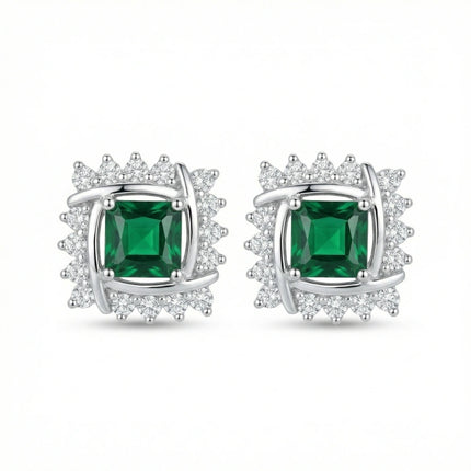 925 Sterling Silver Elegant Square Green Emerald Stud Earrings with Interlocking Diamond Halo Design - JewelryODM